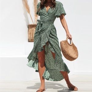 Adella Green & White Floral Wrap Maxi Dress